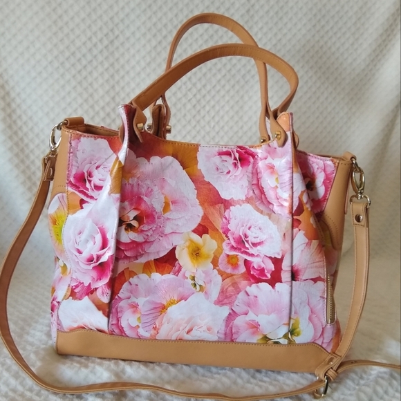 Sharif Hand Painted Tan Leather Purse Gorgeous Pink Florals - Picture 2 of 15